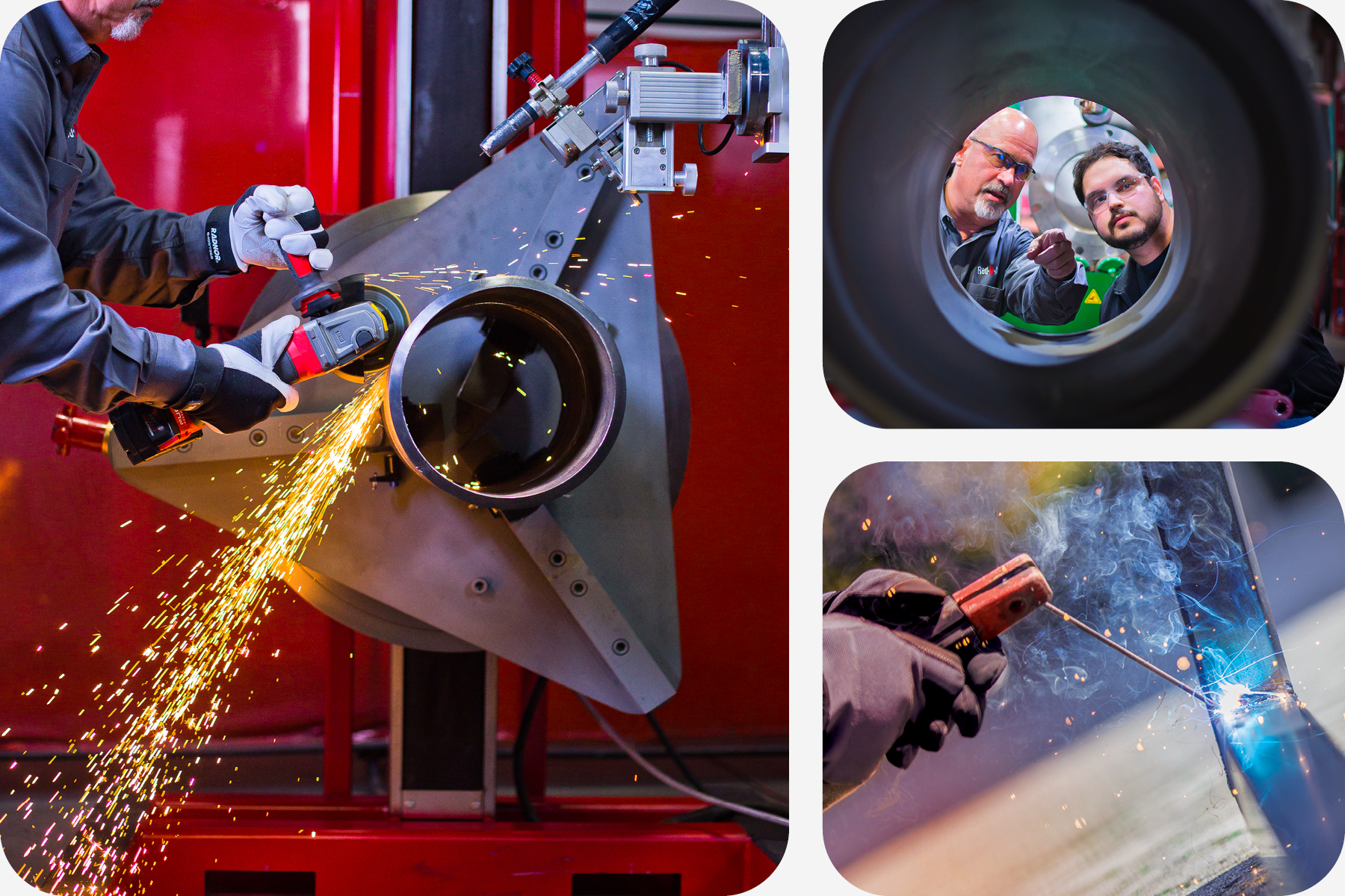 A collection of images showcasing a welder engaged in stick welding and utilizing weld automation equipment