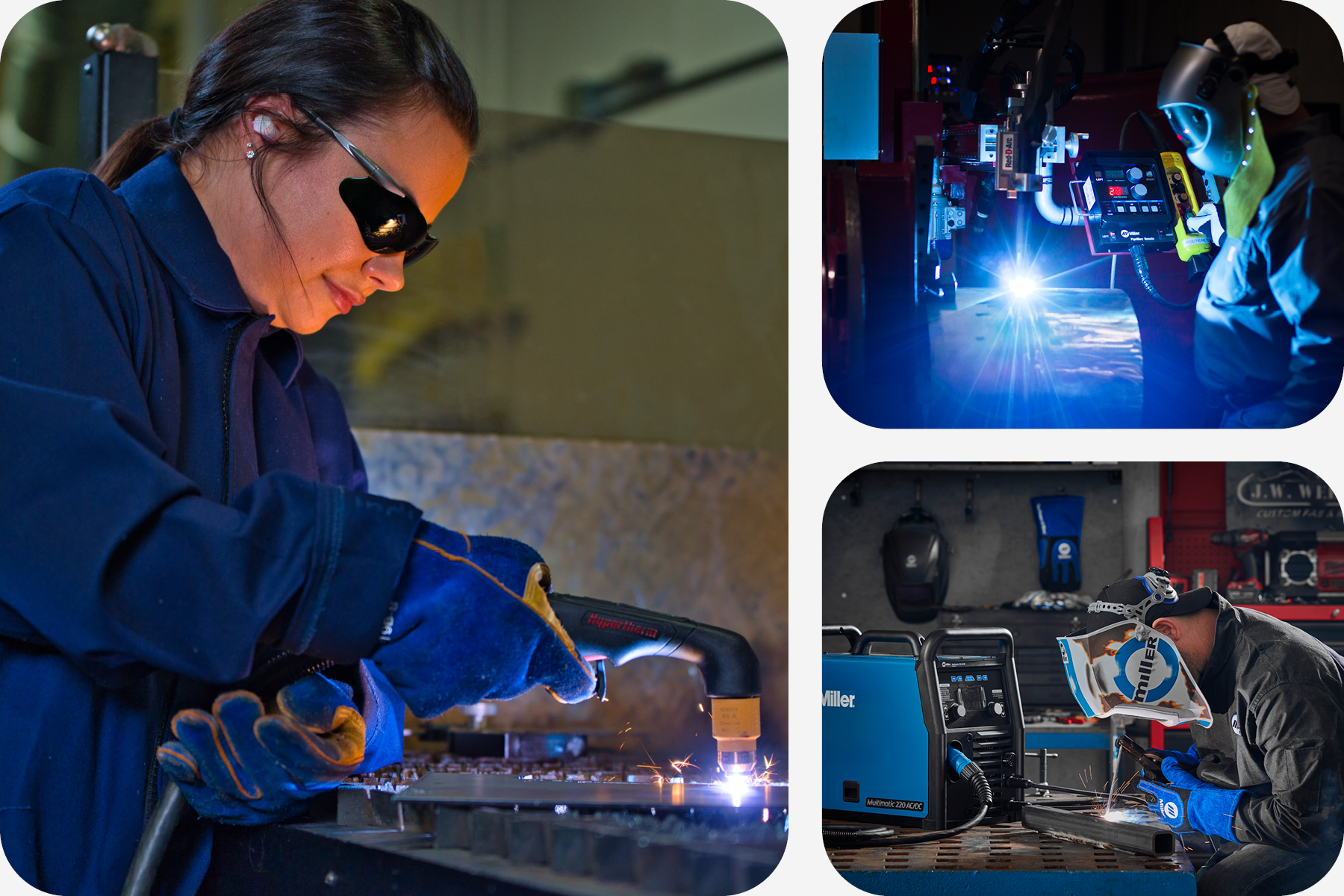 A collage showcasing a woman plasma cutting metal alongside various welding techniques and equipment