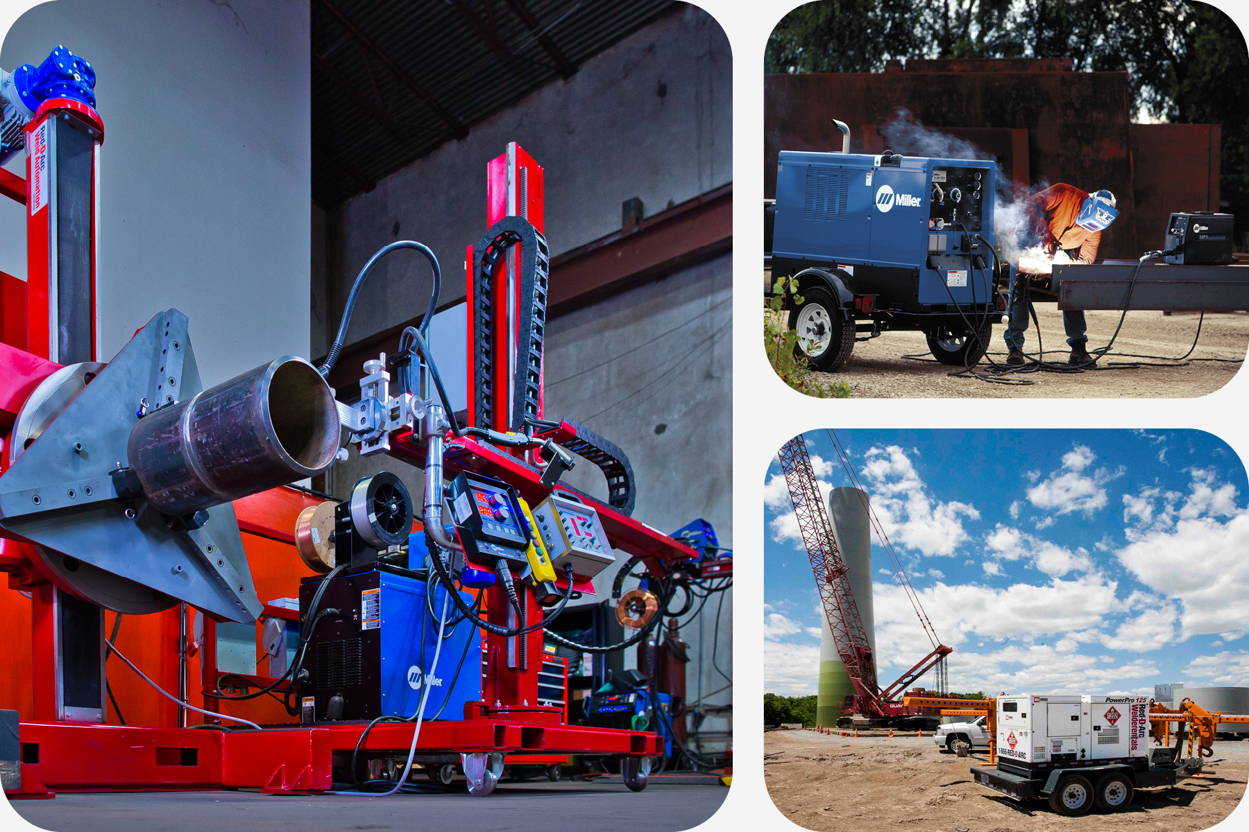 Collage visuel illustrant différents types d'équipements de soudage et d'automatisation du soudage, ainsi qu'un générateur de courant pour l'industrie