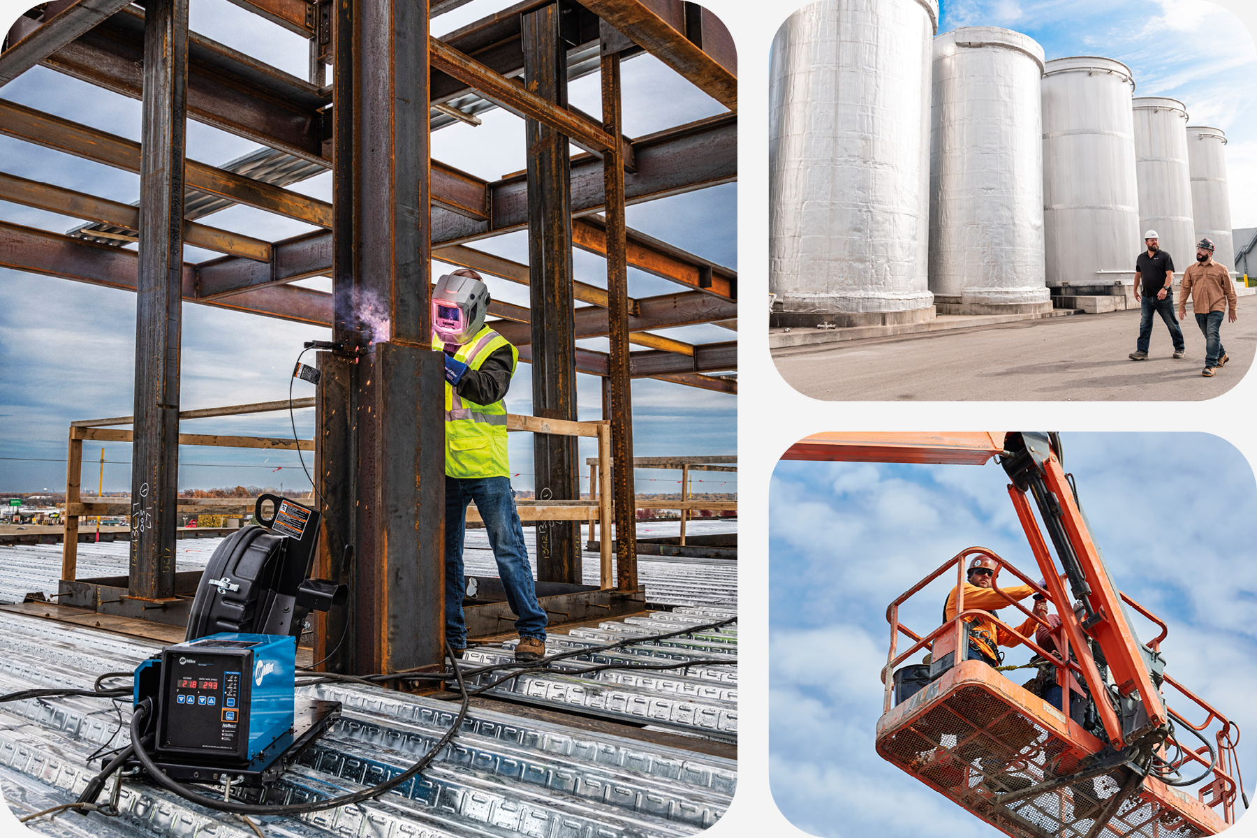 Collage de travailleurs de la construction effectuant diverses tâches de soudage sur un chantier