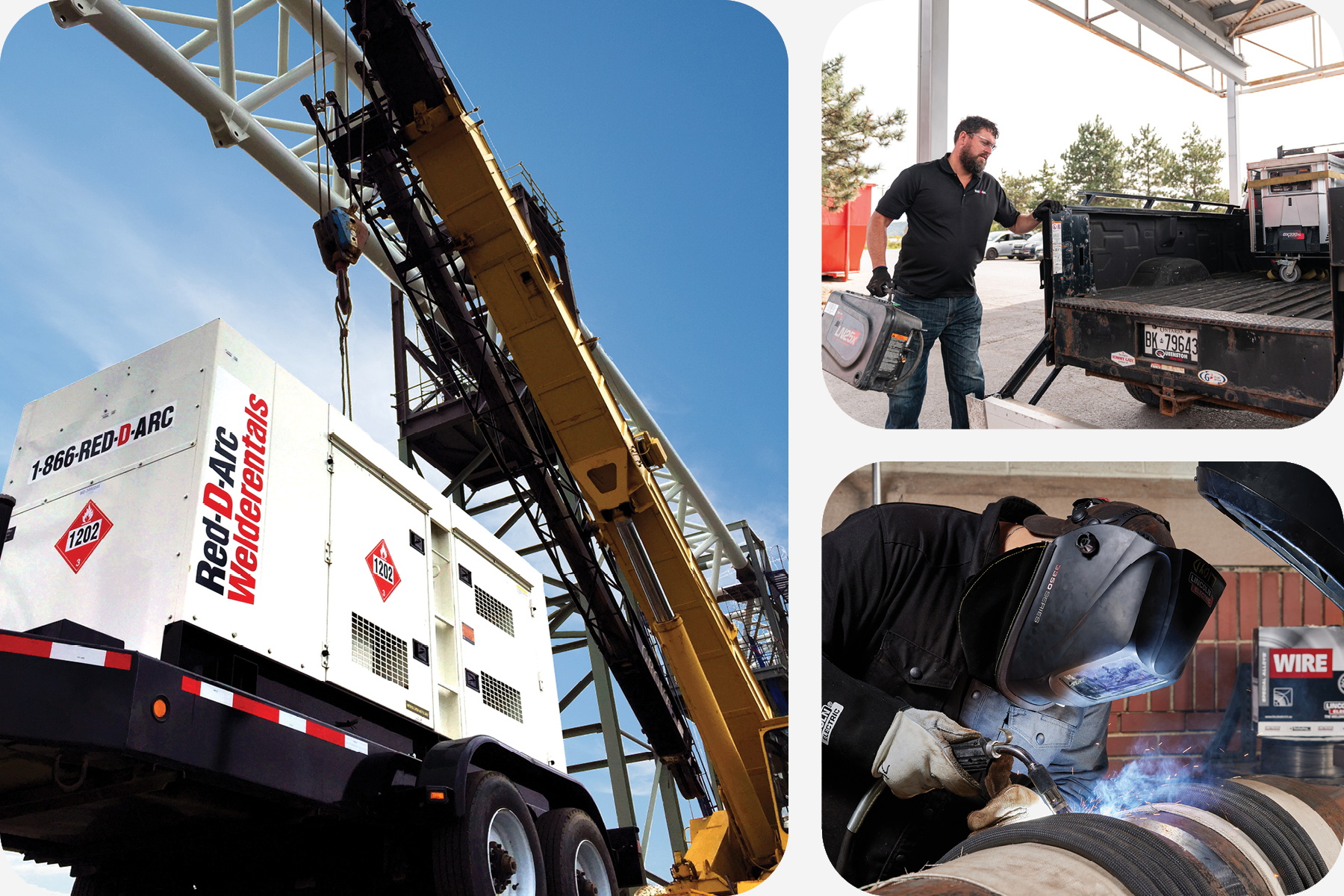 Un collage présentant des équipements de soudage et de production d'énergie ainsi que des applications de soudage