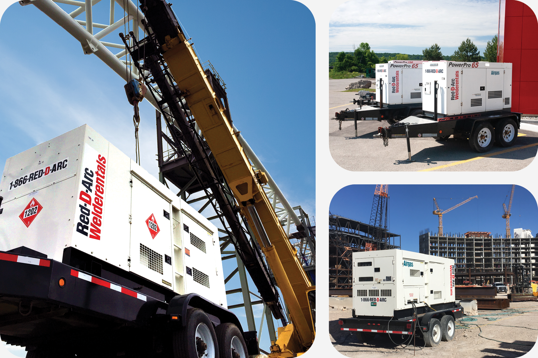 Collage of industrial power generators supplying power to various jobsites