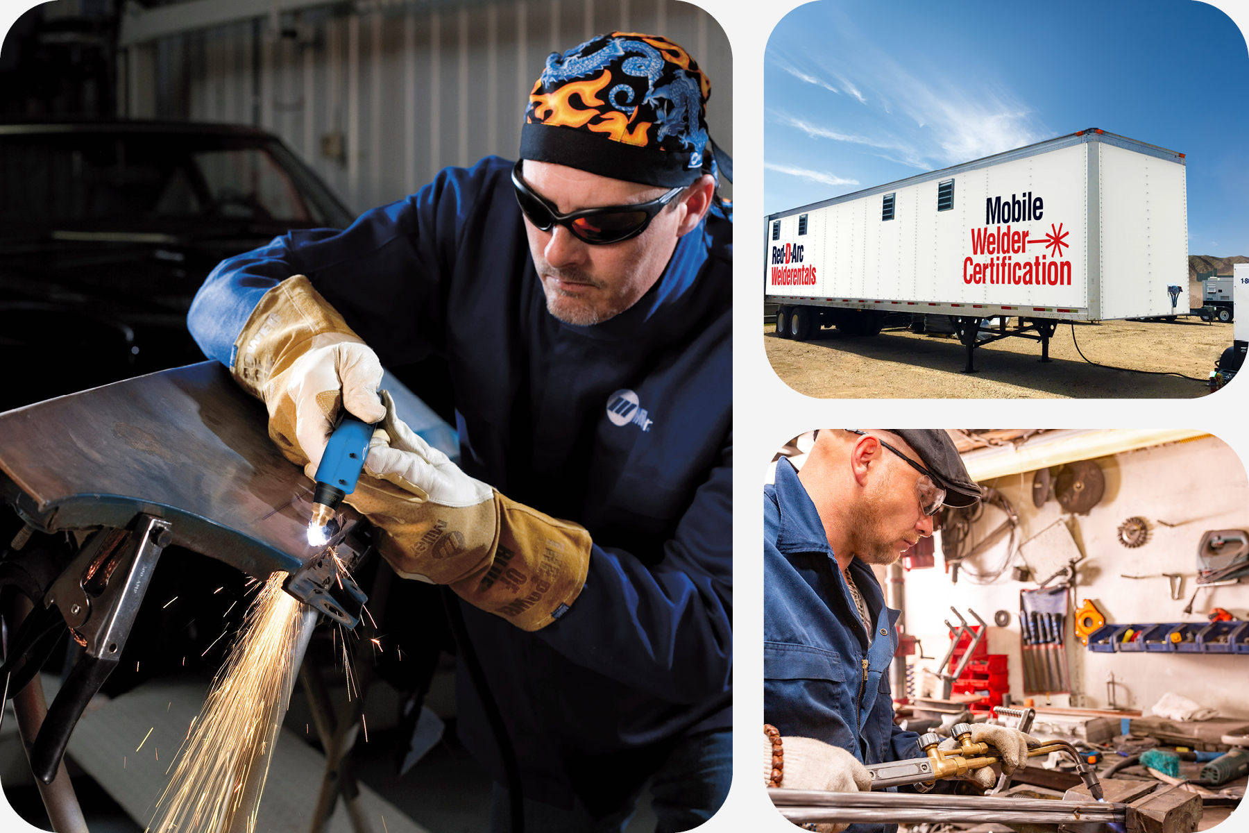 Collage of specialty welding equipment including oxy-fuel cutting, plasma cutting and the Red-D-Arc Welder Certification Trailer