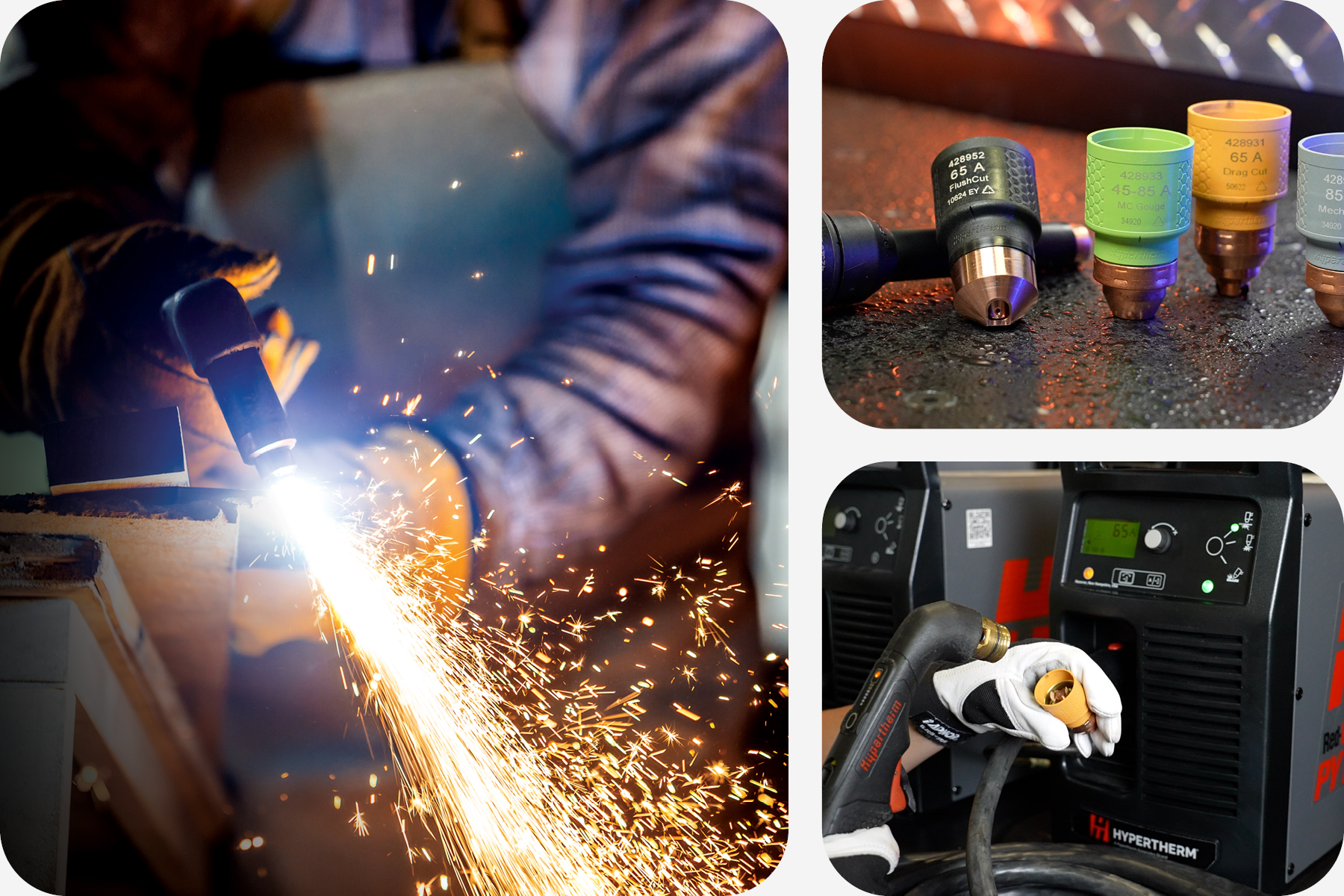 Collection of images demonstrating plasma cutting applications and accessories