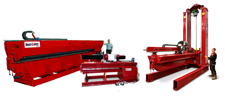 A visual showing variations of seam welders and operators inspecting the machinery