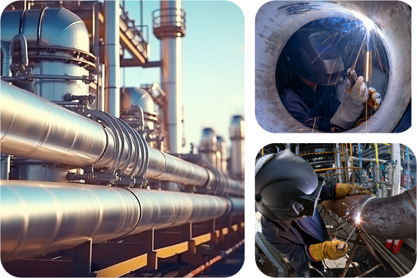 Collage de diverses images d'applications de soudage de tuyaux dans l'industrie de l'énergie