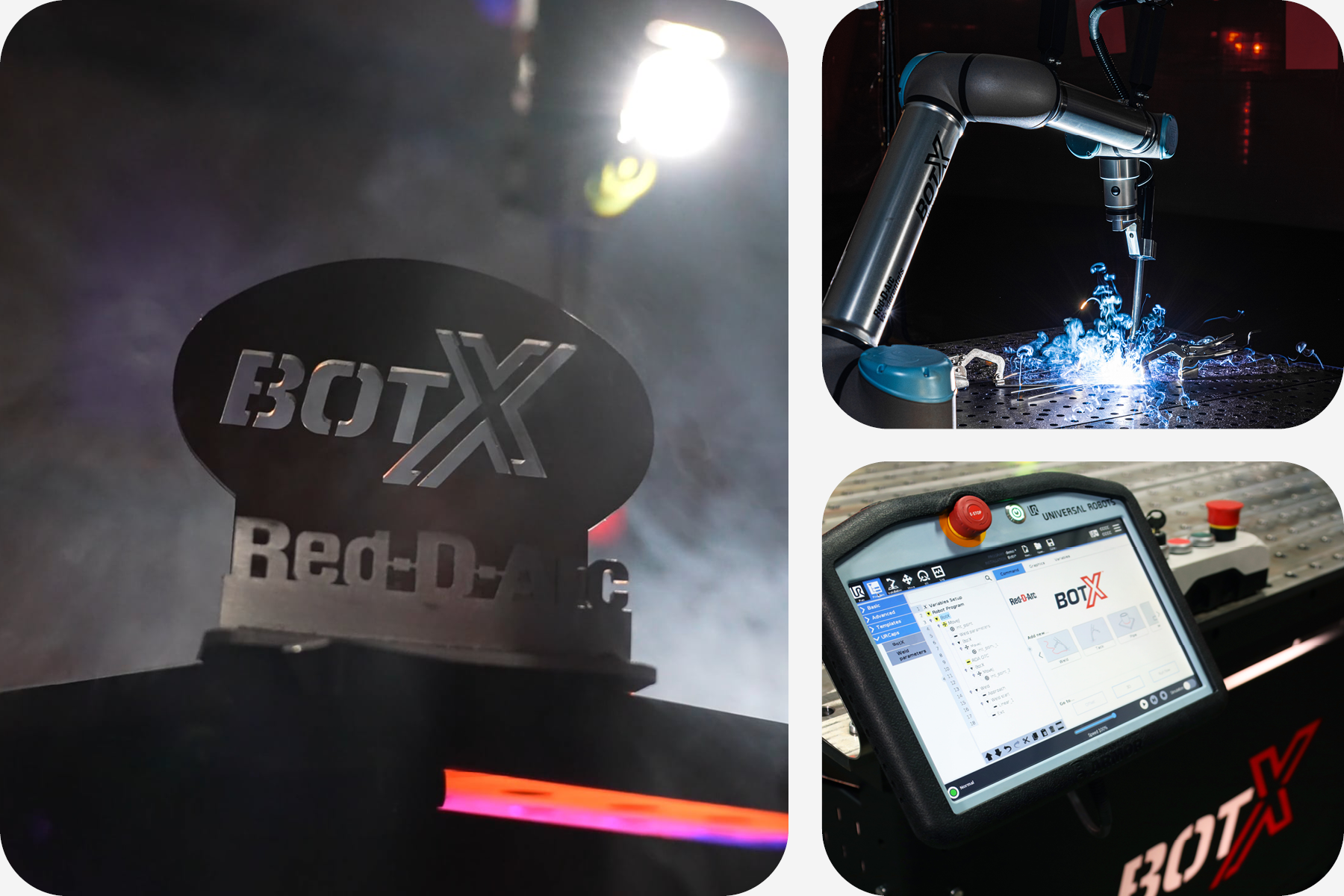 A collage of BotX cobot welding system in action along with BotX teaching screen