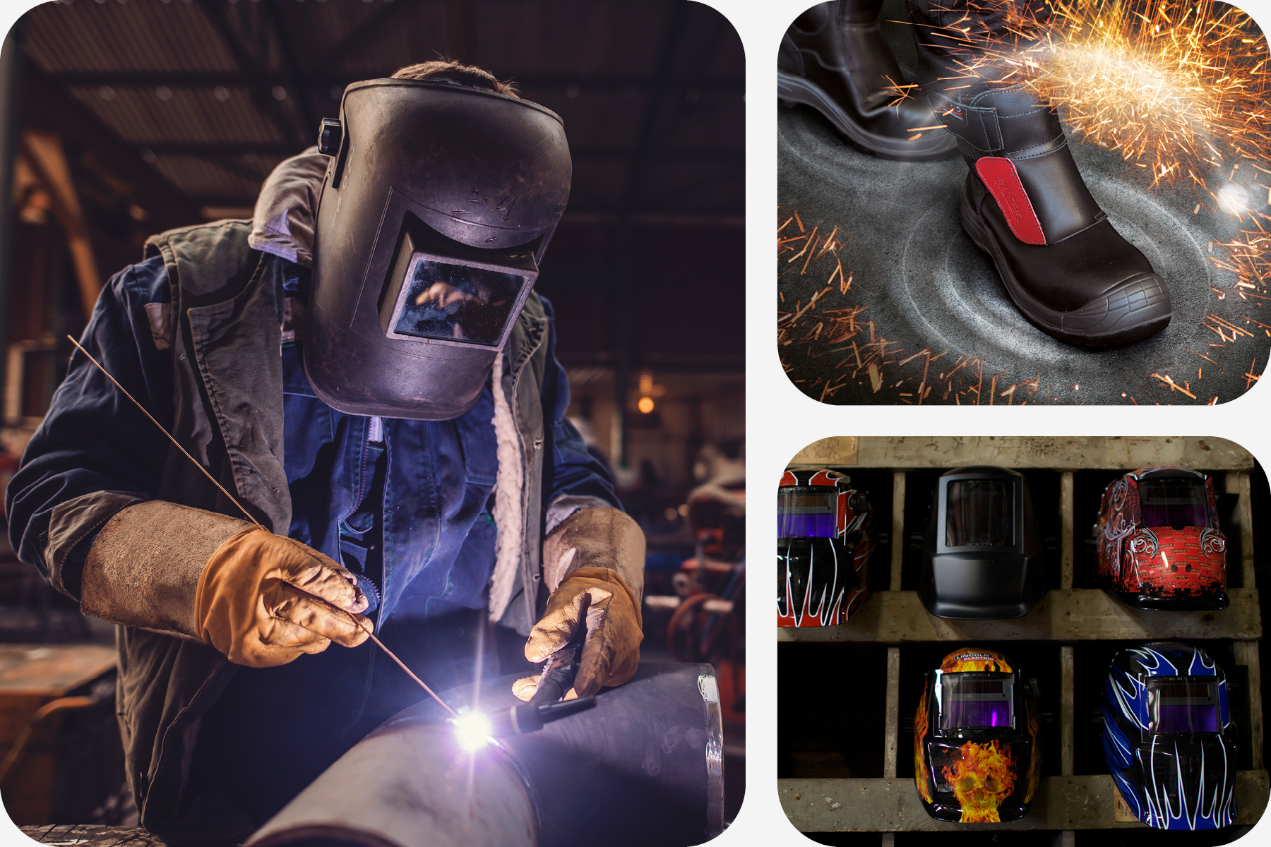 Collage of photos demonstrating welding safety and protective gear