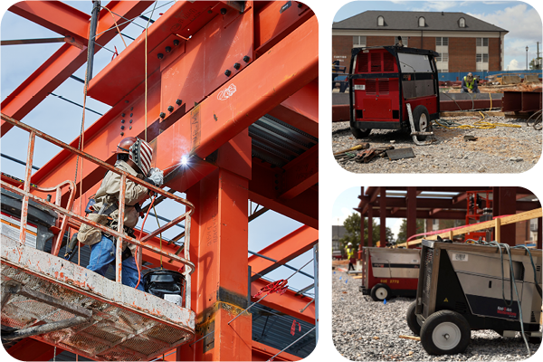 Collage of welding equipment in use on a construction site