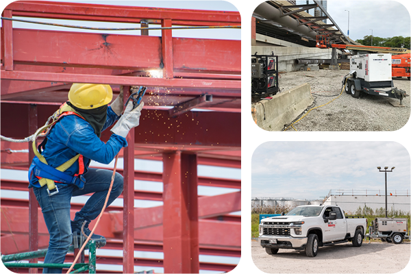 Collage of images depict a man welding on a jobsite, a company truck with equipment, and a handshake between two men, showcasing teamwork and collaboration