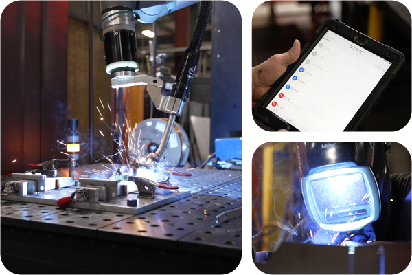 Collage of BotX cobot welding system in action along with BotX tablet