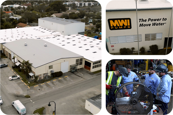 Collage of MWI Pumps company property and industrial water pumps on display