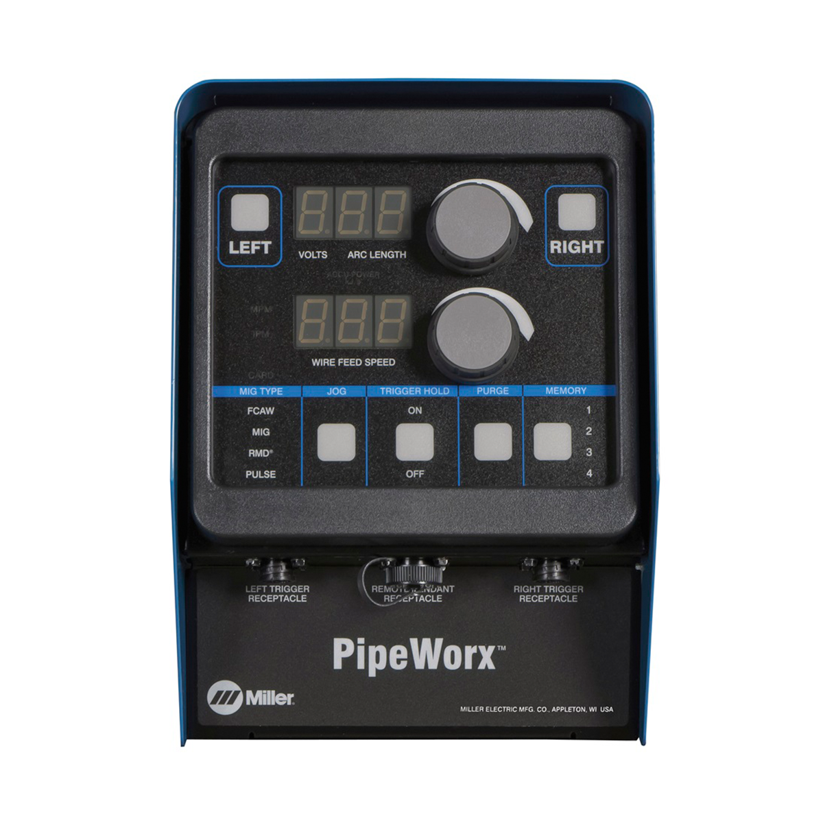 Front of Miller PipeWorx 400 dual wire feeder.