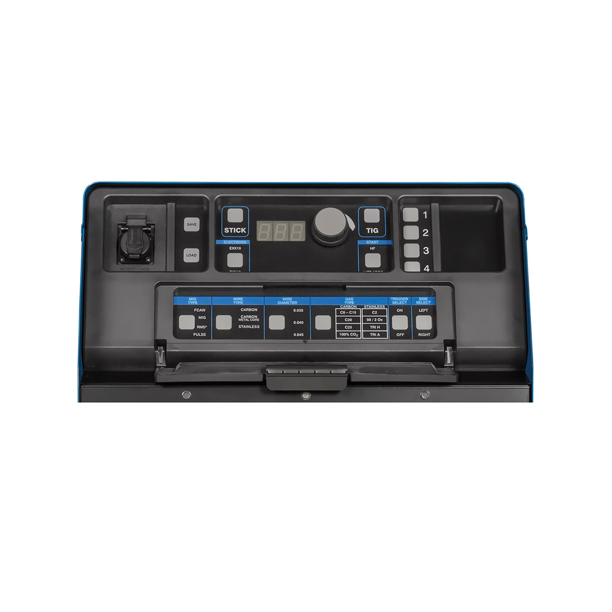 Open front panel of Miller PipeWorx 400 welding system.