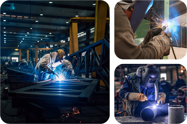 Collage of various welding applications in the manufacturing industry