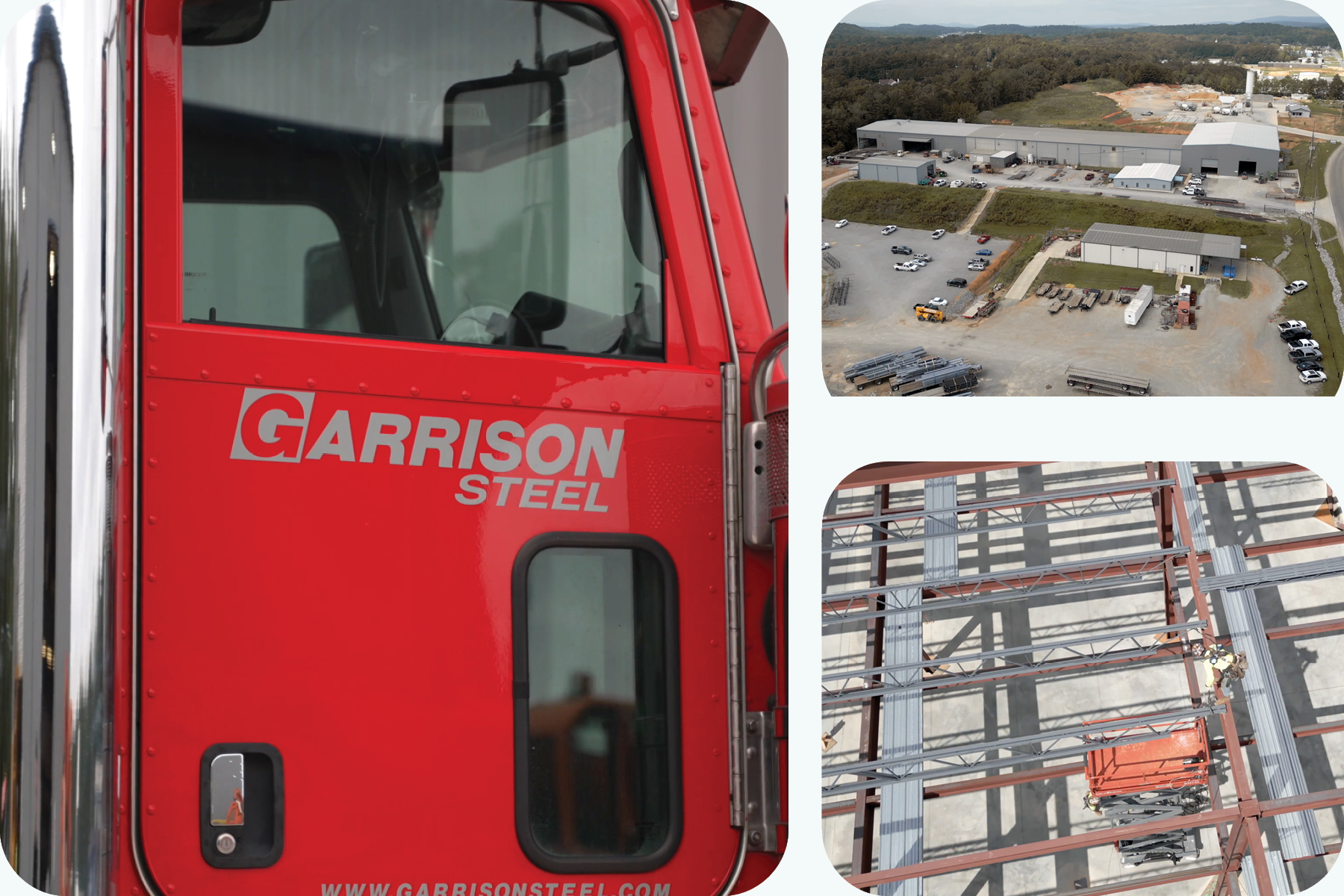 Collage of images showcasing company property and company truck at a steel erectors business