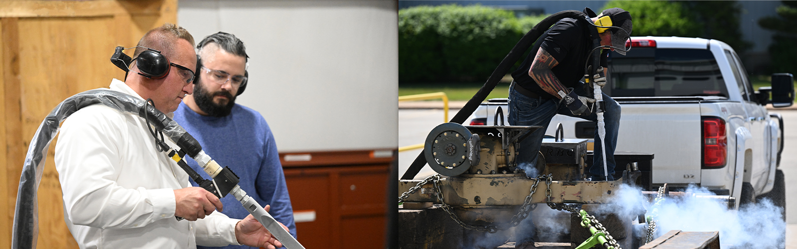 Collage of dry ice blasting specialist giving a customer a demo of blast cleaning equipment