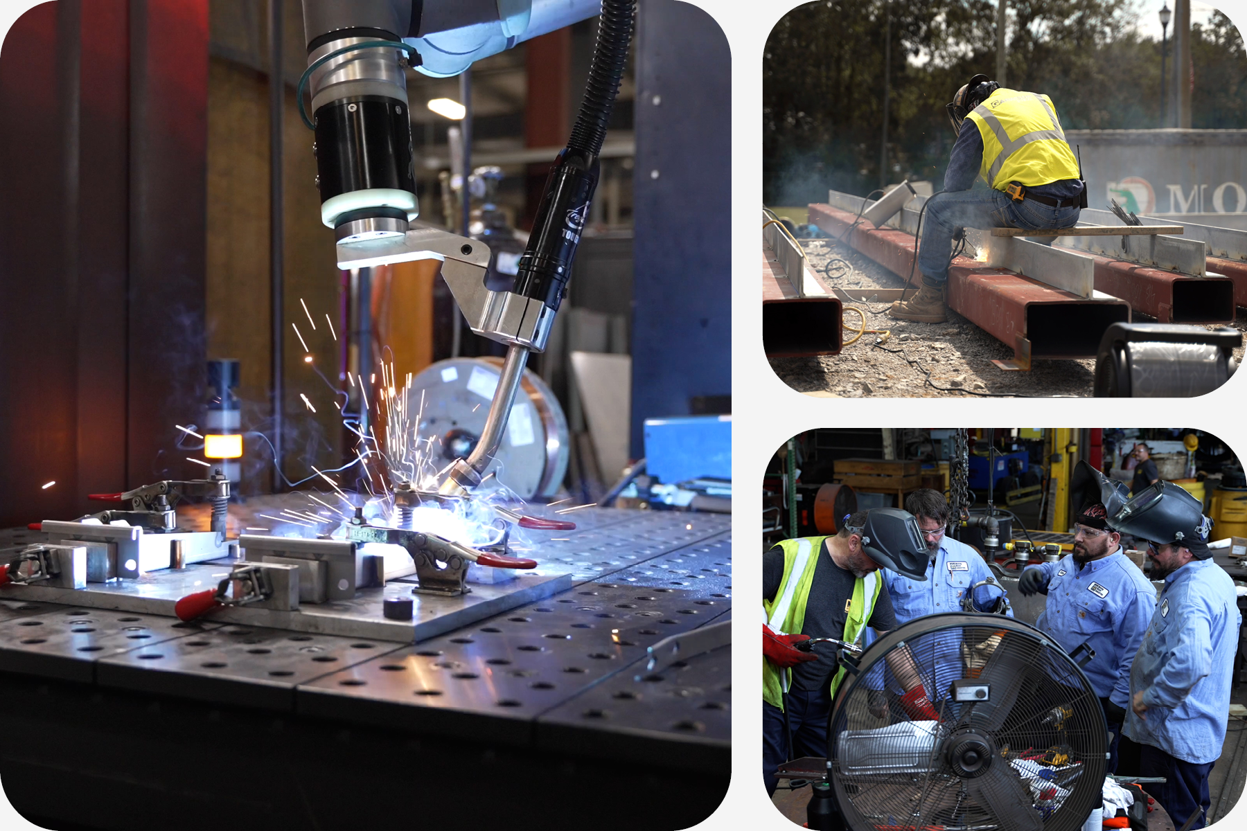 Collage of various welding applications including robotic welding in a shop and welding on a jobsite