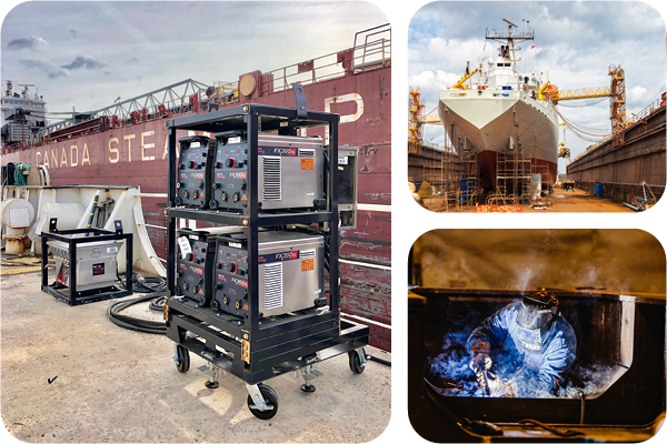 Collage of welding related activities in the shipbuilding industry