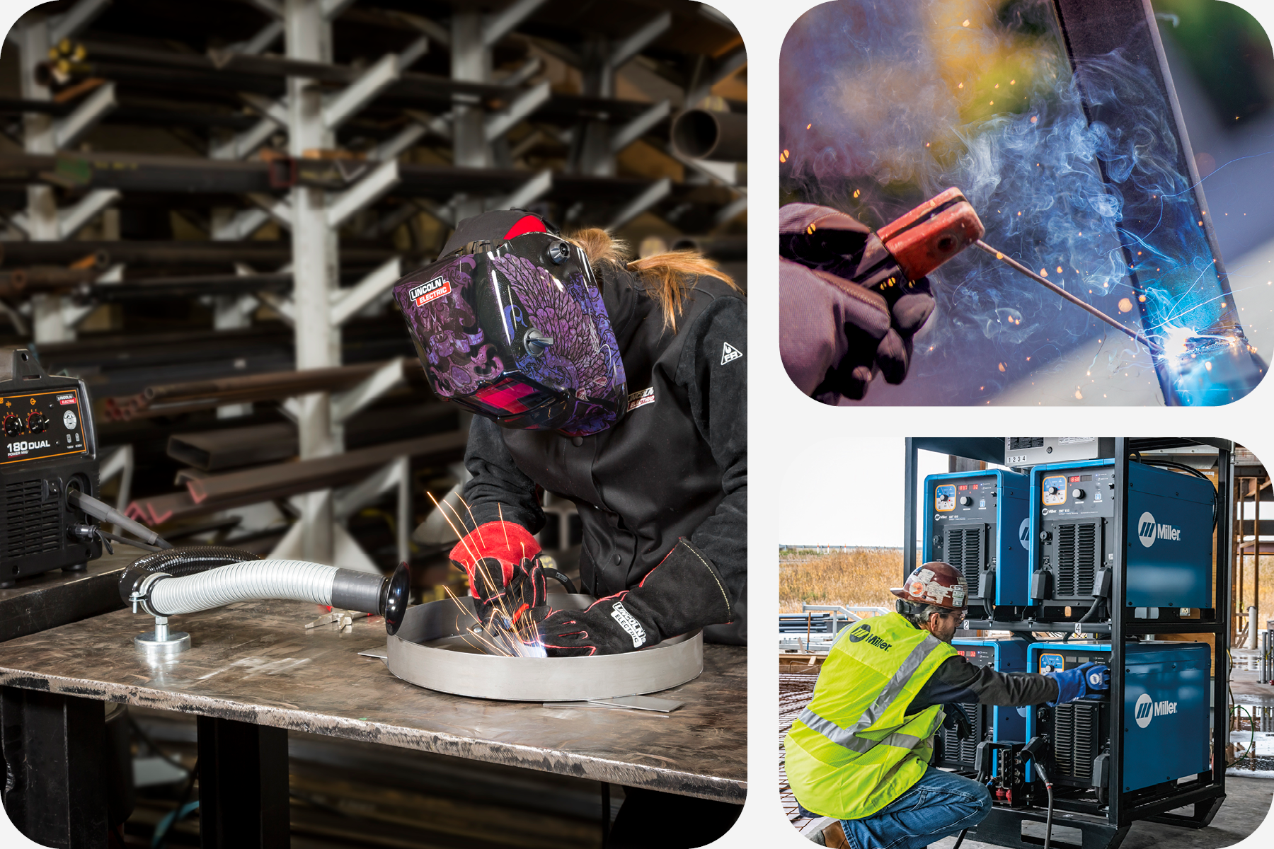 Collage of various welding applications and equipment including MIG, stick and advanced process welders