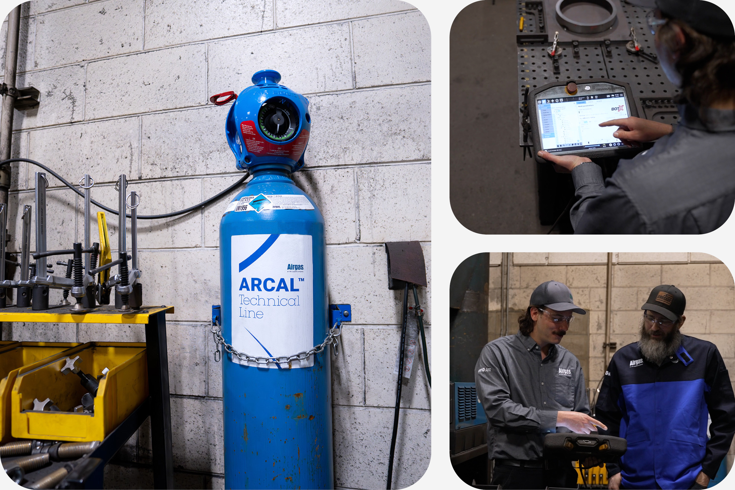 Collage if ARCAL EXCELTOP tank along with a welding specialist teaching a customer how the BotX teaching pendant works
