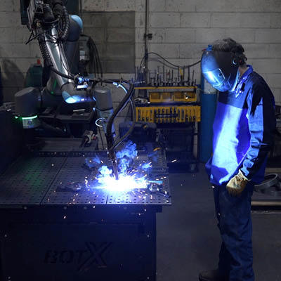 Welder supervising BotX collaborative robot while welding material