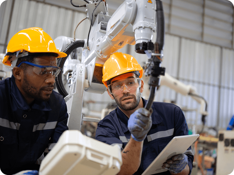 two men examining equipment in a warehouse