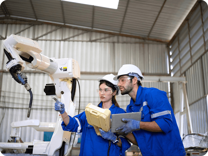 a man and a woman in a warehouse inspecting an automated welding machine