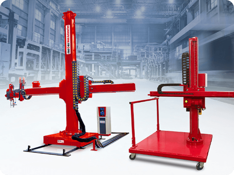 2 red welding manipulators in a factory