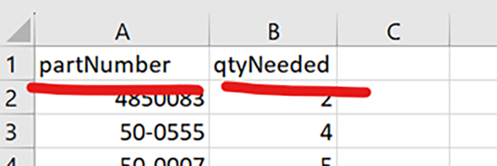 Example of a properly formatted table for the CSV bulk parts upload