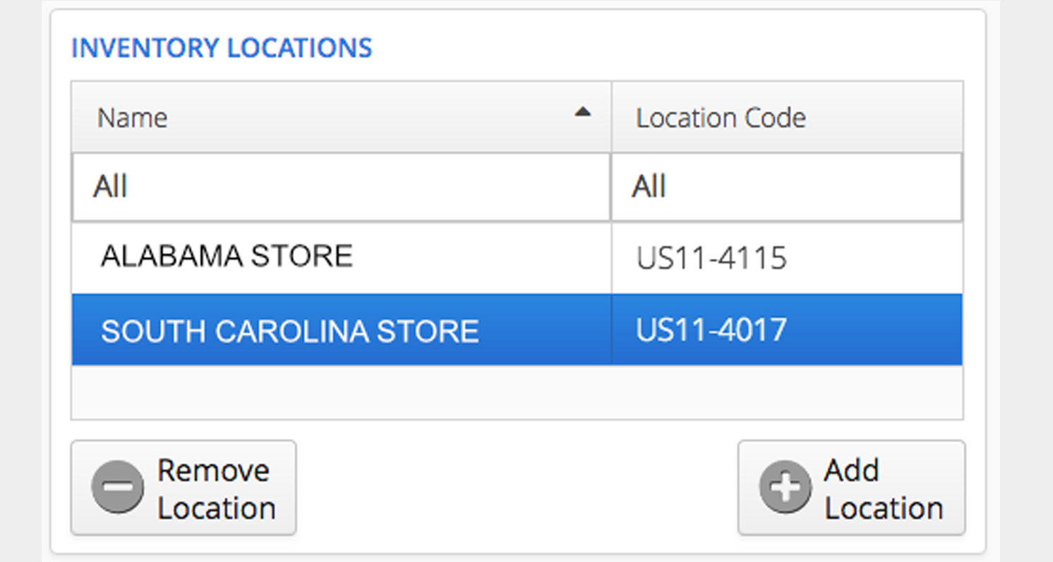 Inventory locations used by SHOPBlueCrest Returns Center