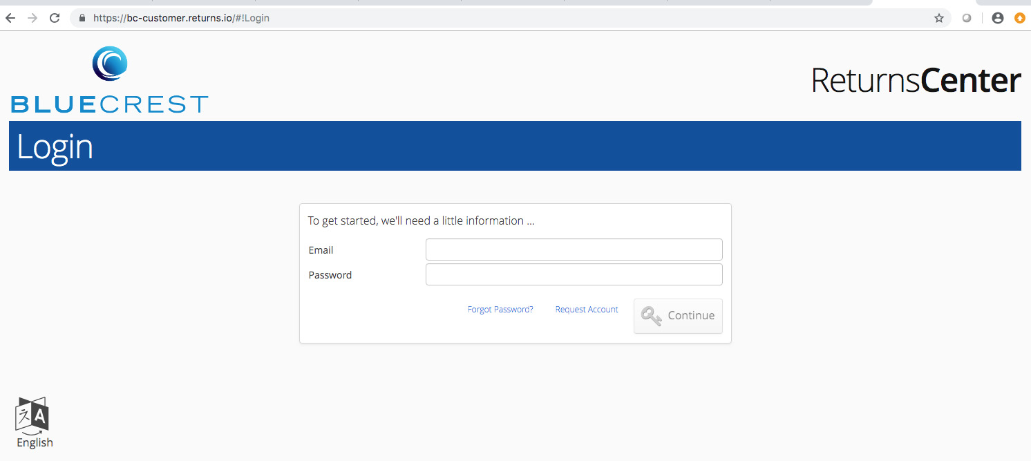 ReturnsCenter Login screen
