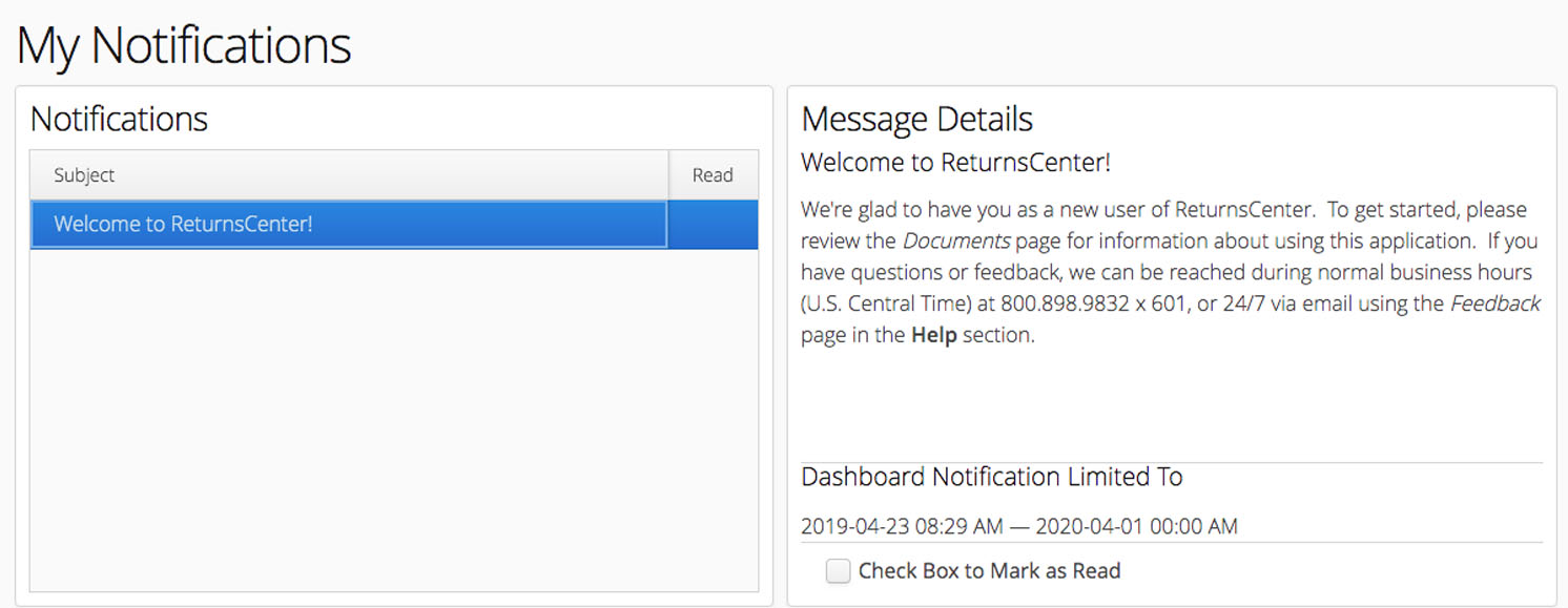 Notifications for the SHOPBlueCrest ReturnCenter