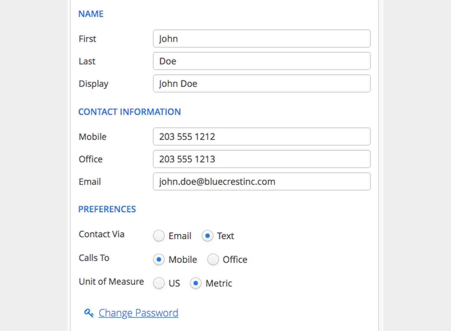 SHOPBlueCrest personal information and preferences section