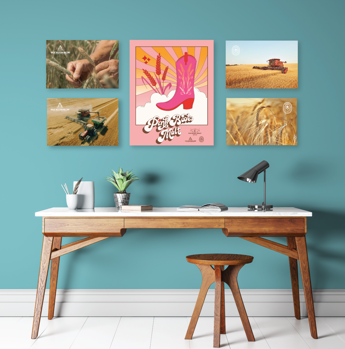 Mockups of Pink Boots Malt and CMC and GWM on the wall of an office
