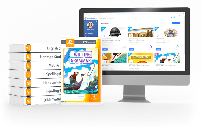 Banner image- stack of grade 6 textbooks, DVD Lesson cover, Homeschool Hub dashboard 