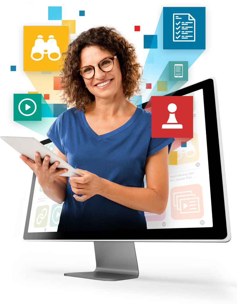 Trove background- teacher smiling while using Trove, coming out of a computer