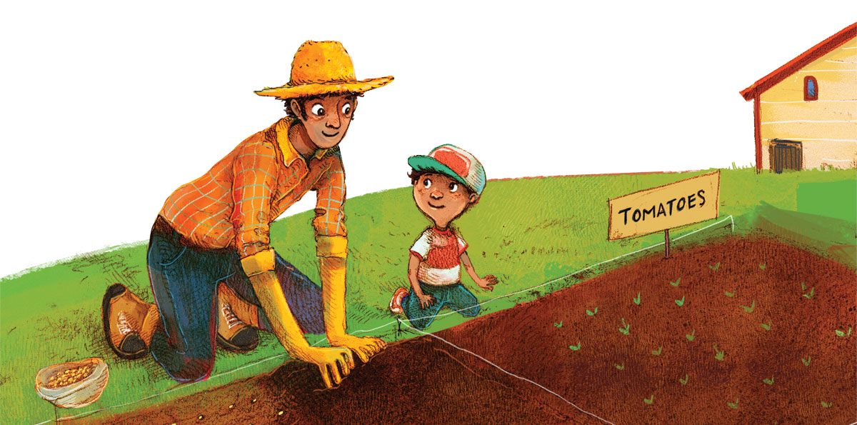 a father and son planting a garden