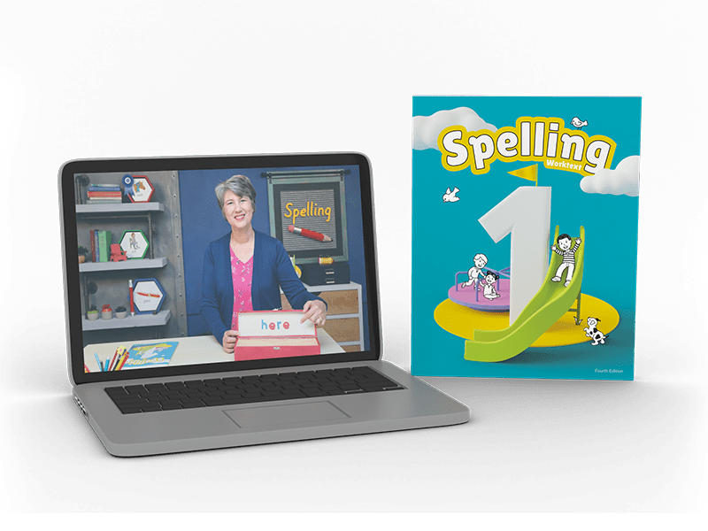 Spelling 1 textbook and homeschool hub on laptop