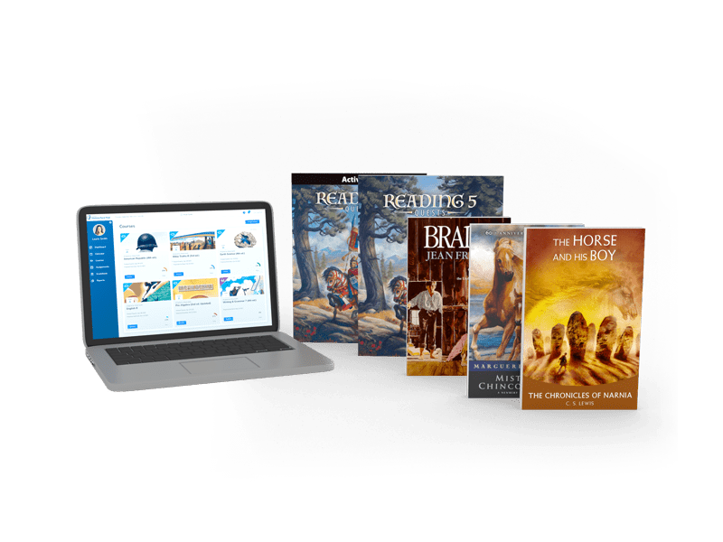 Reading 5 textbook, homeschool hub on laptop, and JourneyForth books