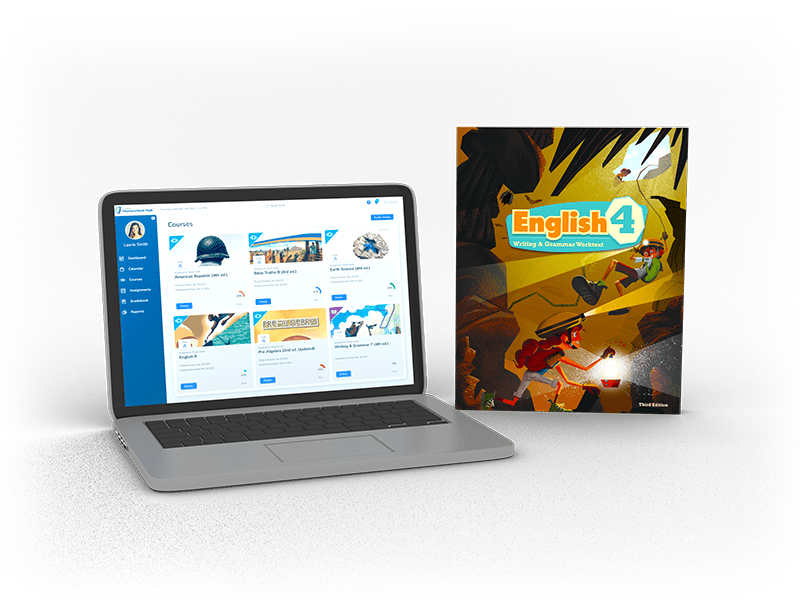 Homeschool hub on laptop, literature textbook, writing and grammar 7 worktext