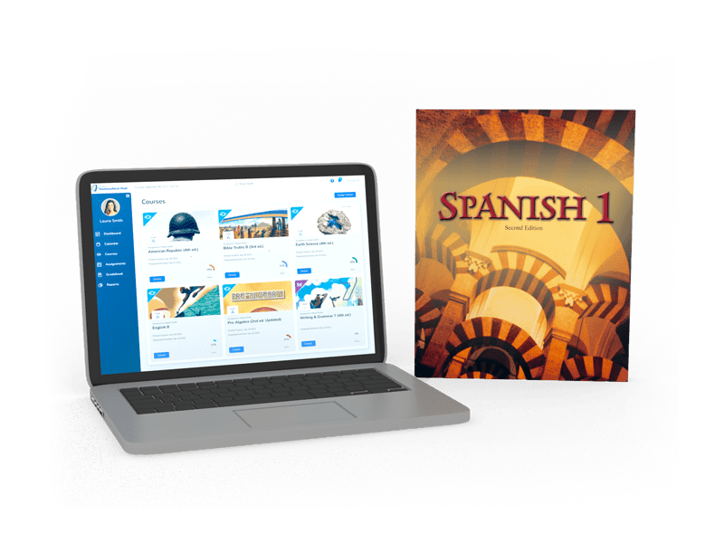Spanish 1 textbook and homeschool hub on laptop