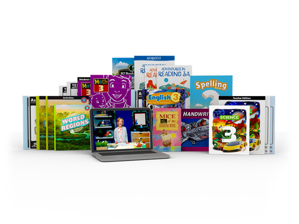 BJU Press grade 3 materials including World Regions, a video course, and Math 3.