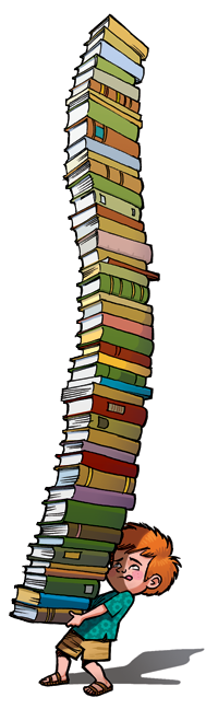 a little boy balancing a tall stack of books