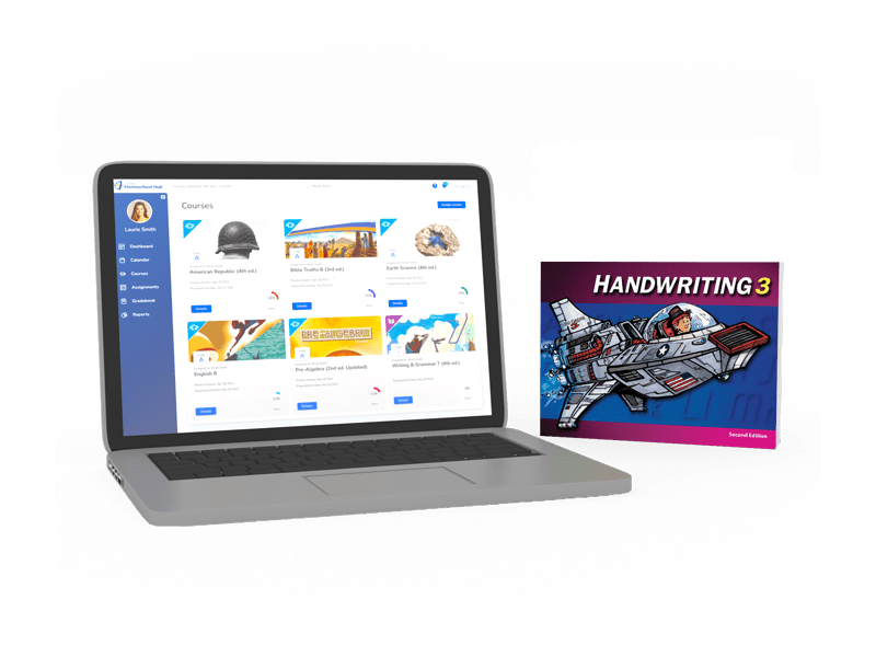 Handwriting 3 textbook and homeschool hub on laptop