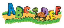a turtle walking up a path in front of the letters A-F