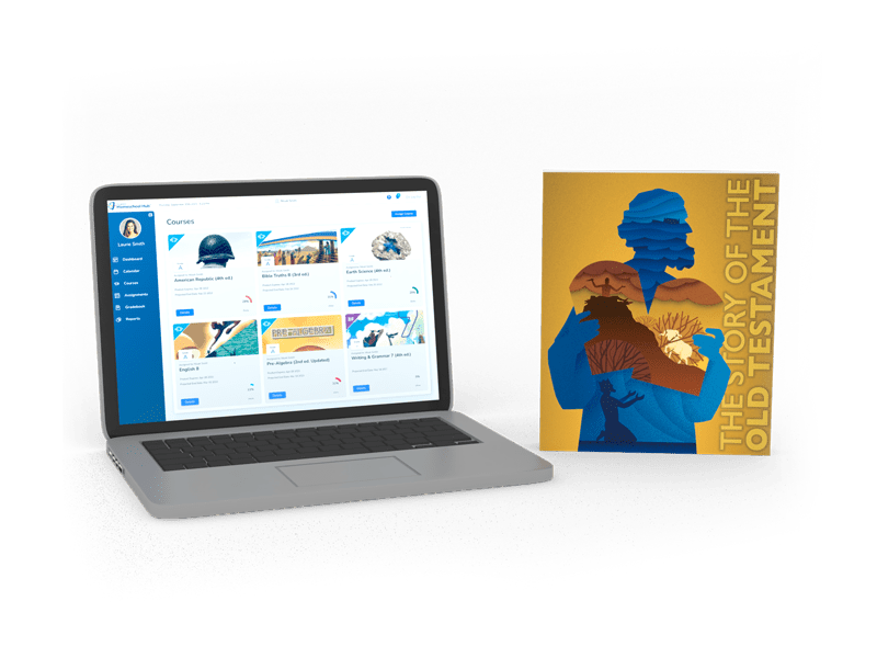 Bible 7 textbook and homeschool hub on laptop