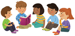 a boy reading to his friends