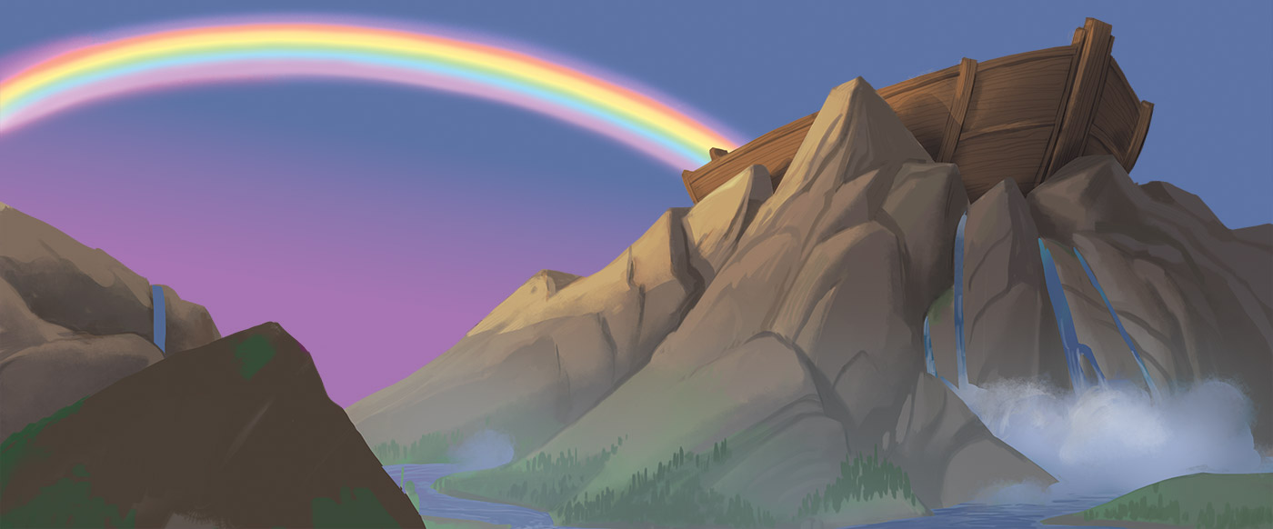 Noah's Ark on top of the mountain with a rainbow in the background