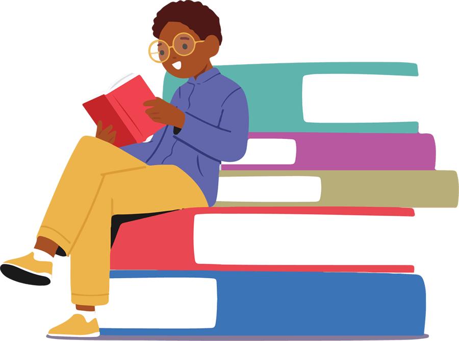 a boy sitting on a stack of books reading